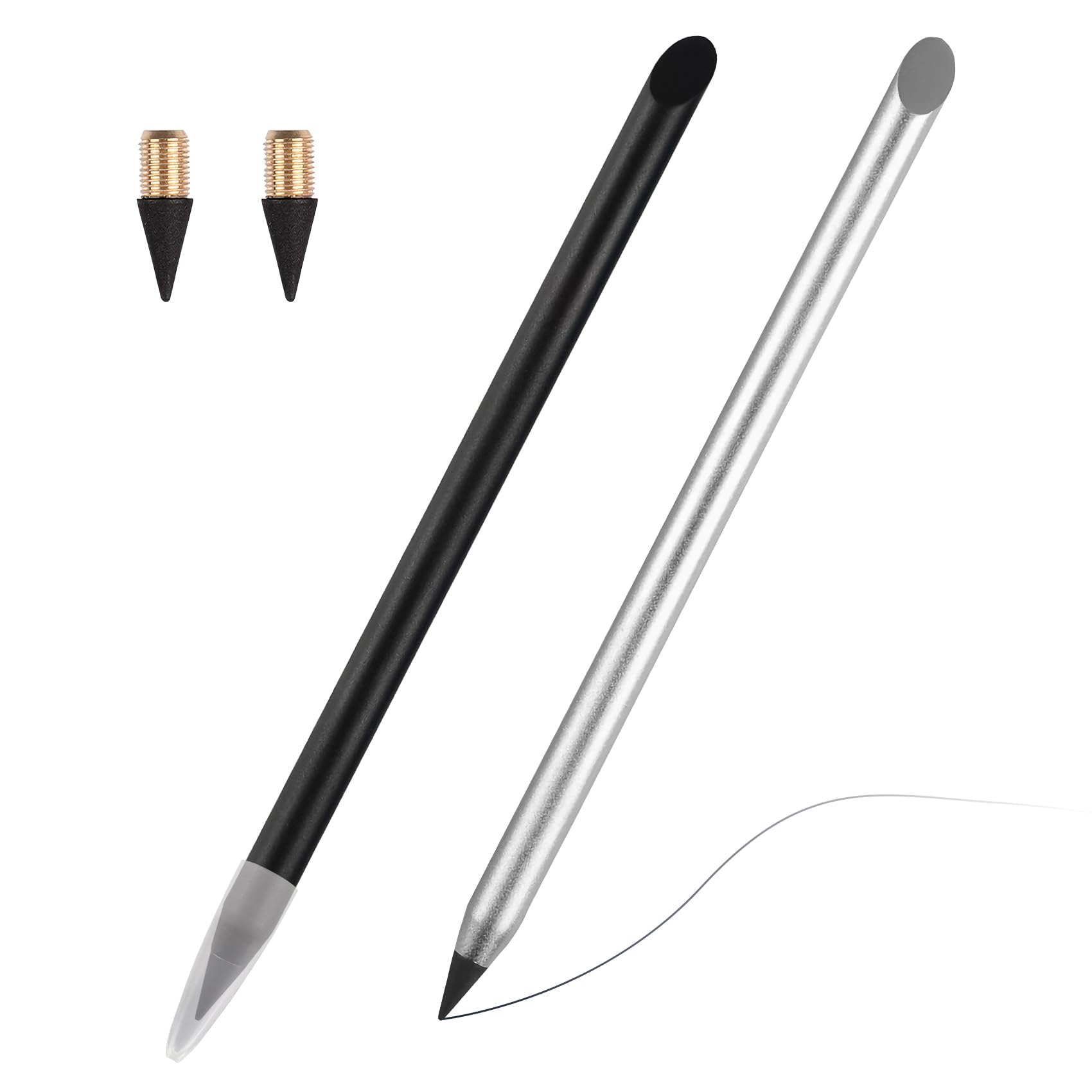 Mesen Metal Inkless Pencil, 2pcs Pencil with 2 Replaceable Nib, Reusable Everlasting Pencil for Student Adults Writing, Drawing, Sustainable Writing Instrument for Home, Office, School Supplies