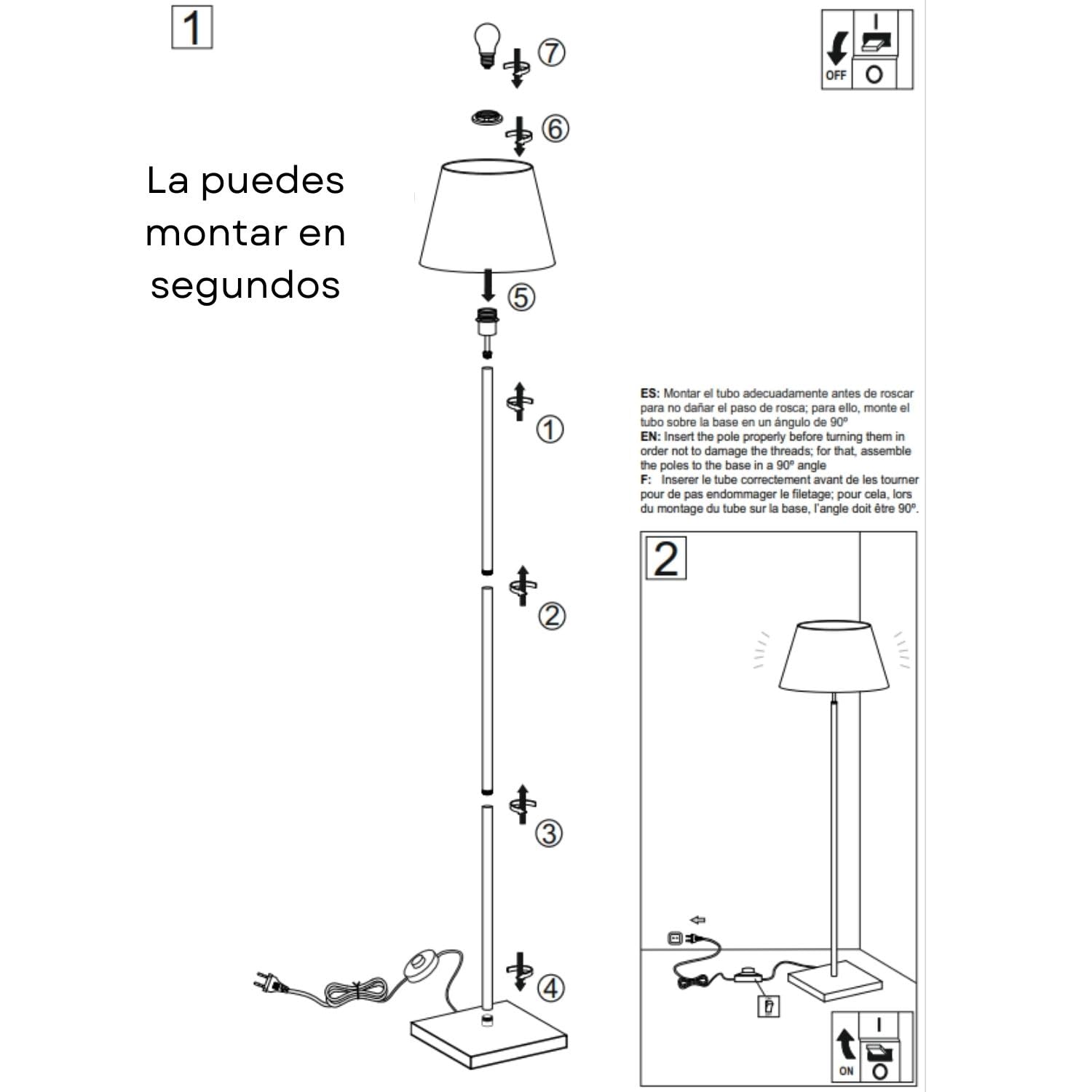 lampara de pie salon FIRENZE -lámpara pie de níquel satinado pantalla blanca incluida - lamparas de pie - E27 IP20 - lamparas de pie para salon - candeeiro de pé - floor lamp