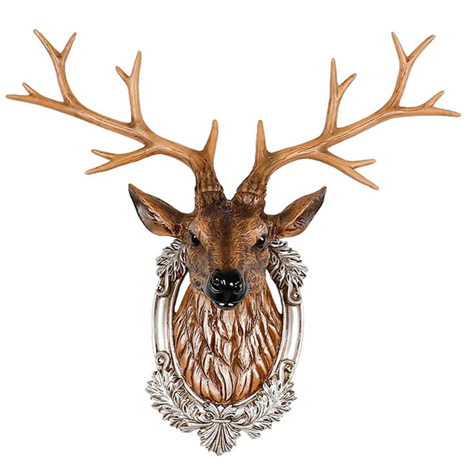 Scultura da Parete Moderna Decorazione da Parete con Testa di Cervo Fortunato, Scultura da Parete in Corna di Cervo in Resina, Busto con Testa di Animale Marrone Decorazione da Appendere a Parete 3D