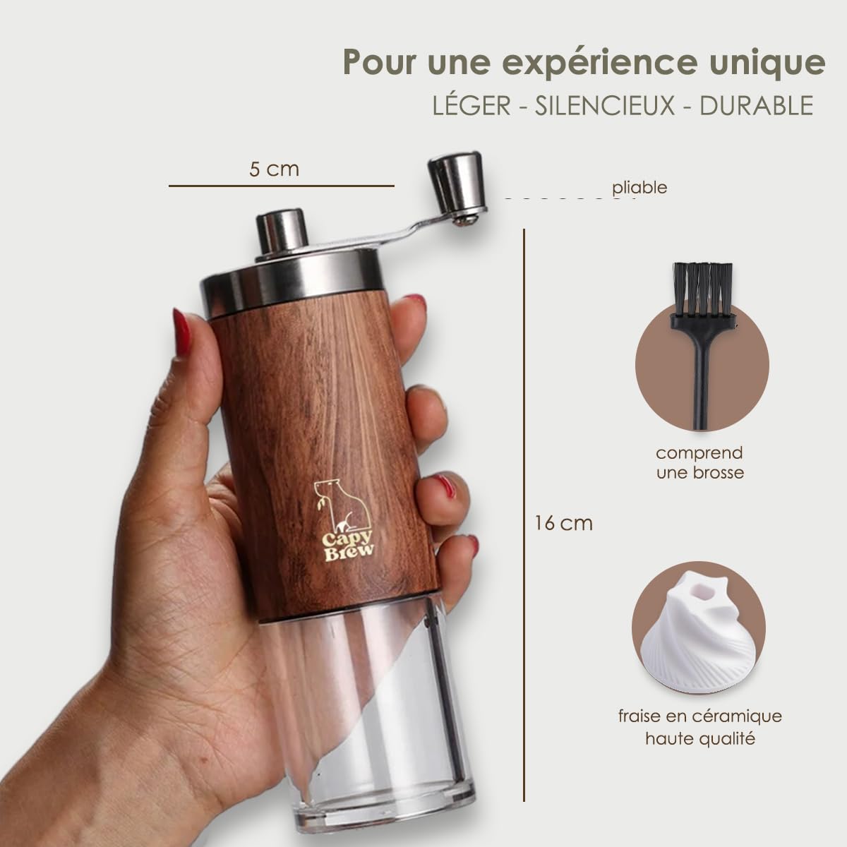 Moulin à Café Manuel Réglable en Acier Inox, Meules en Céramique – Silencieux et Portable pour Expresso, Moka, French Press et Aeropress – Coffee Grinder Aspect Bois pour Maison et Voyage – Capy Brew