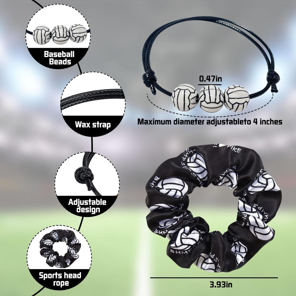 24 Pcs Volleyball Charm Bracelets and Sport Hairbands Set Adjustable Volleyball Beads Wristband Volleyball Hair Scrunchies Volleyball Theme Bracelets Hair Ties for Athlete Teens Adults