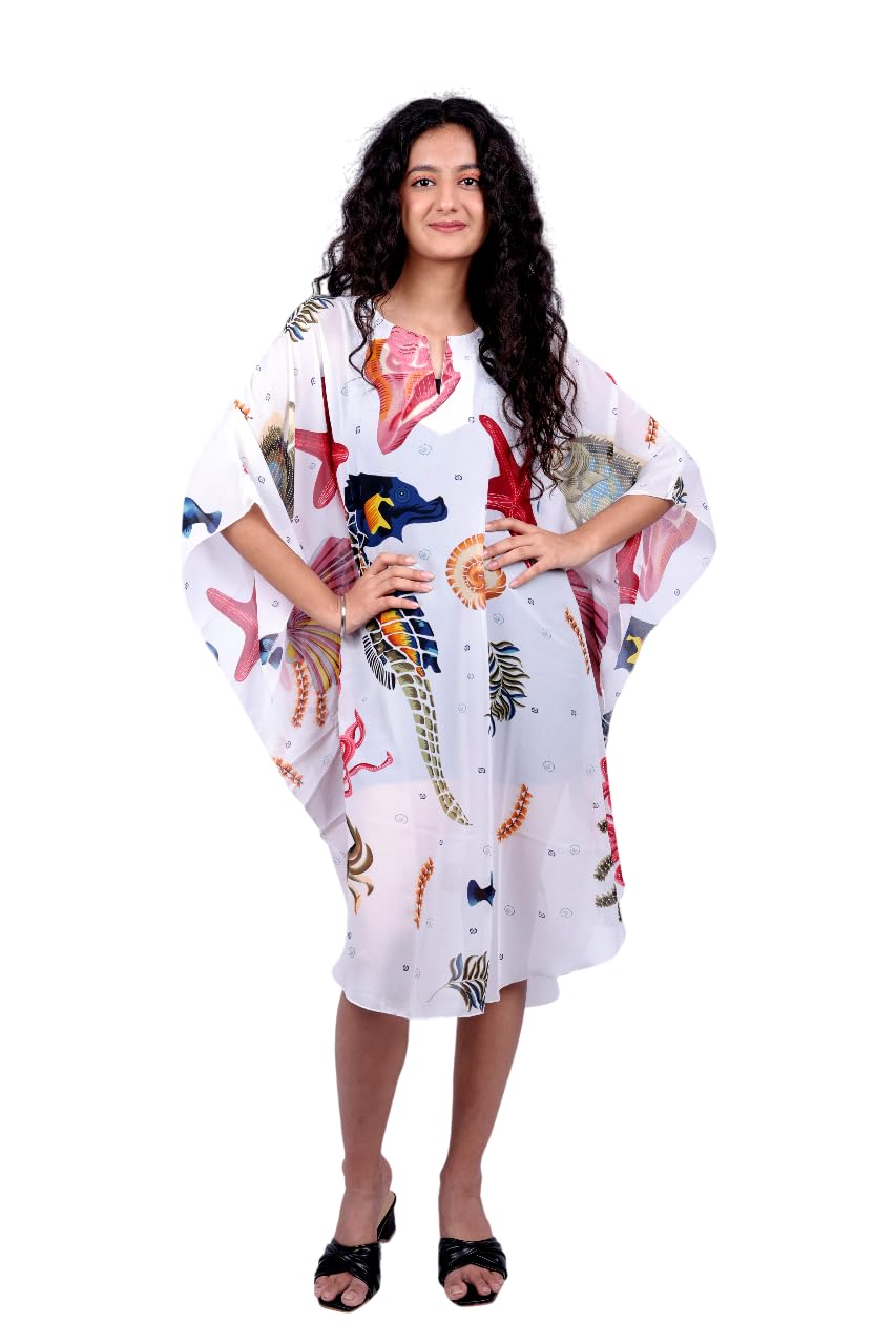 Women's Semi Sheer Ocean Print Kaftan Beach Cover up Sea Life Pattern, One Size fits all