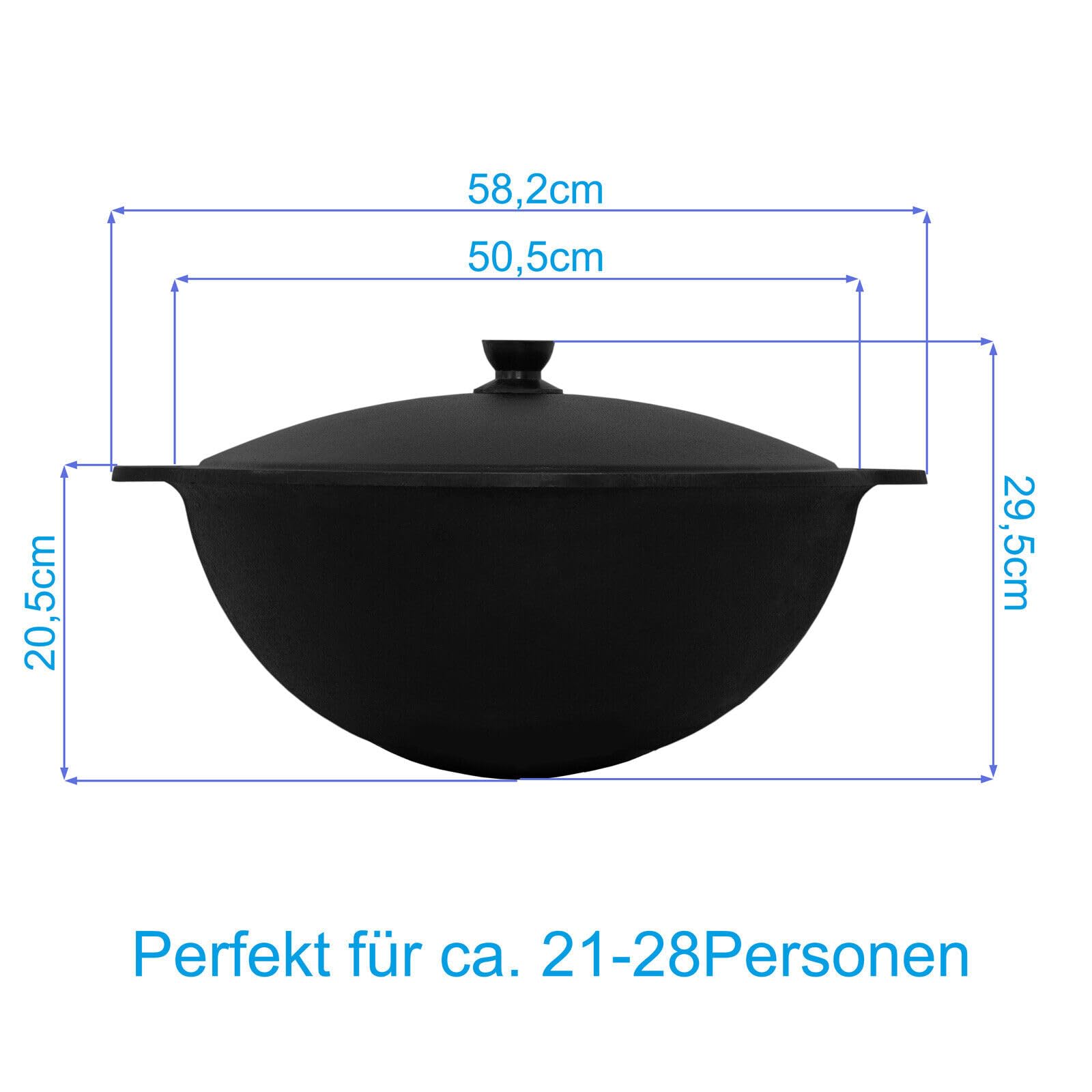 Wok Ghisa 22 L (fondo rotondo) Kazan con schiumatoio NAMANGAN Uzbek Kazan Uzbeko Asia WOK Cast Iron KESSEL Camping Uzbek Pentola con coperchio in alluminio