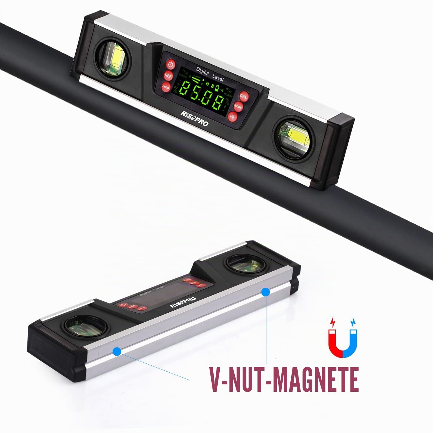 Digitale magnetische Wasserwaage und Winkelmesser – RISEPRO 10 Zoll IP54-geschützter elektronischer Blasen-Neigungsmesser, Winkelsucher, Messgerät mit großem VA-Display und Sockel mit V-Nut DL135-B
