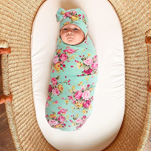 Image of DRESHOW BQUBO 1 Pack Newborn Floral Receiving Blankets Newborn Baby Swaddling with Headbands or Hats Sleepsack Toddler Warm Shower Gift