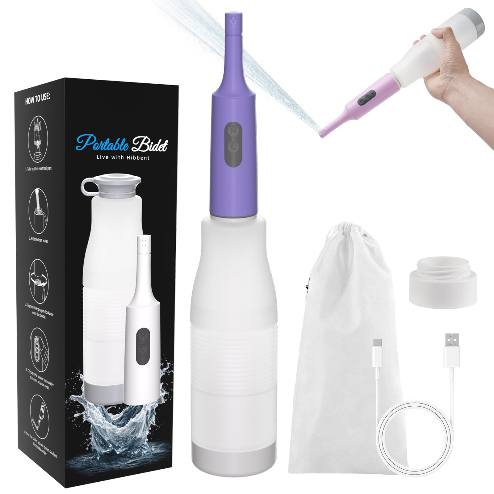 Hibbent Portable Bidet for Travel, High Pressure Electric Handheld Bidet Sprayer, 350-550ML Expandable Bottle for Personal Hygiene, USB-C Rechargeable Waterproof Sprayer for Women &amp; Men, Purple
