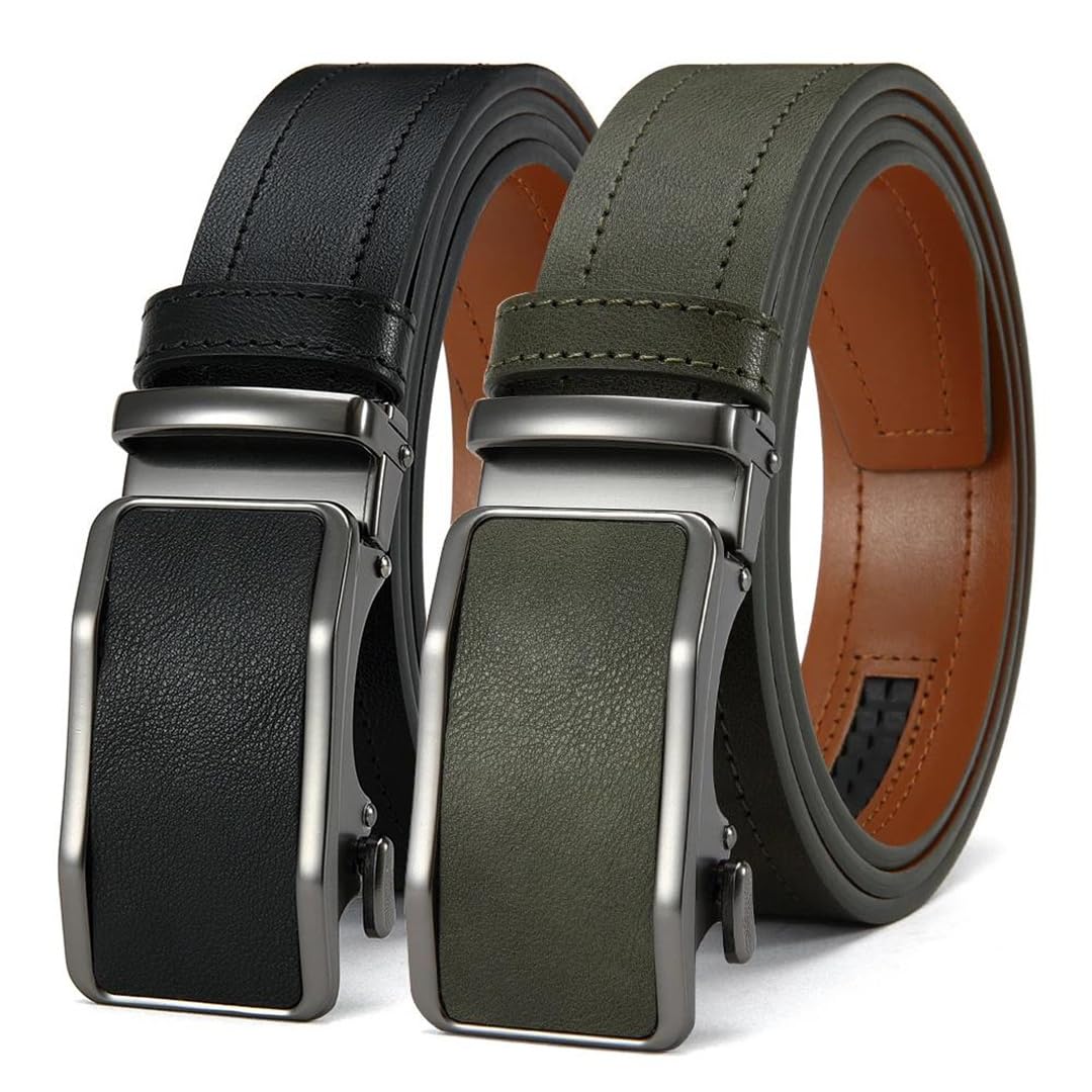 Yeuyyben Cinturón de cuero genuino con trinquete para hombre, hebilla automática, ajustable, para negocios, casual, jeans