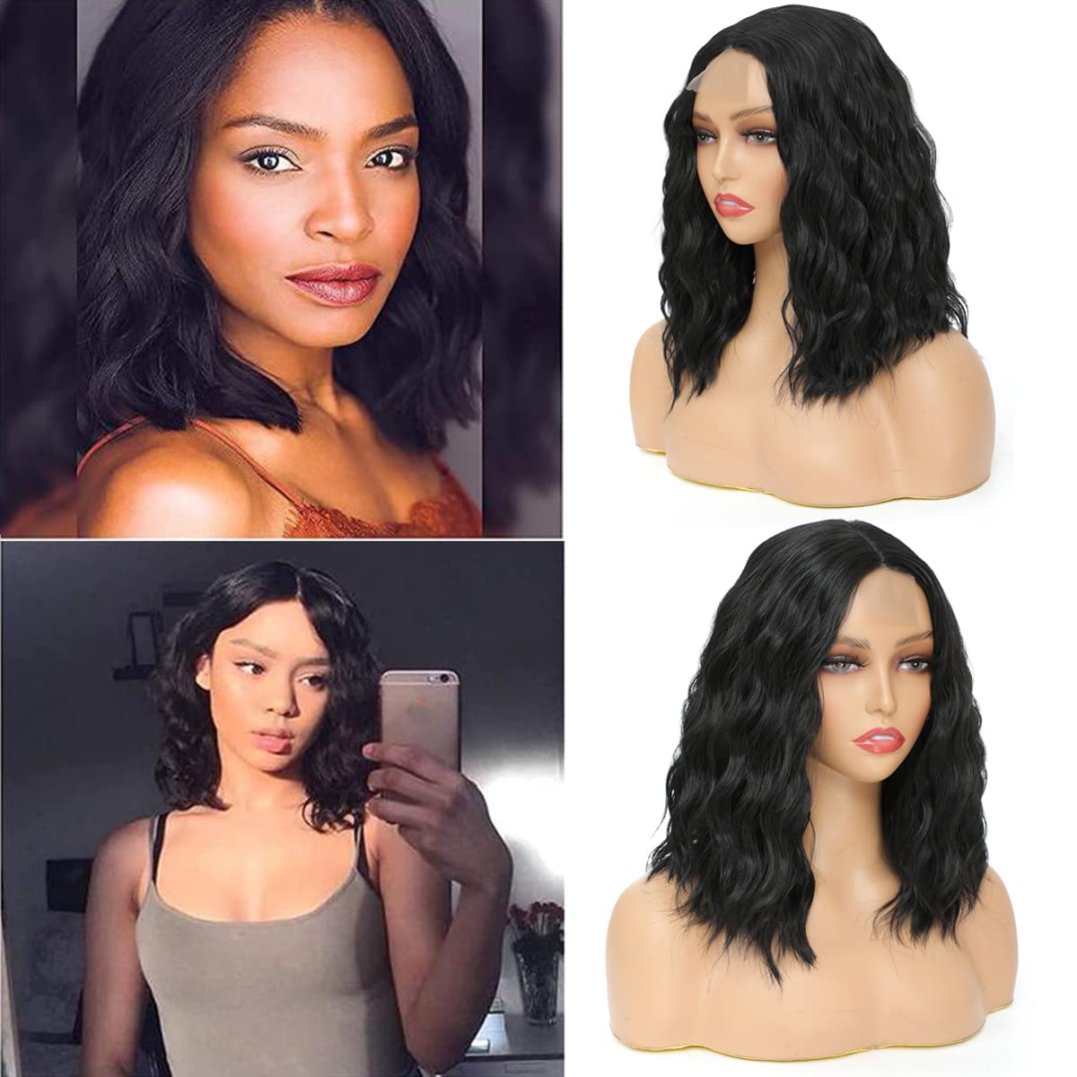 Photo 1 of Aobocca Short Curly Wig for Women Synthetic Black Color Shoulder Length Middle Part Wave Wigs for Daily Party Cosplay Use (Black)