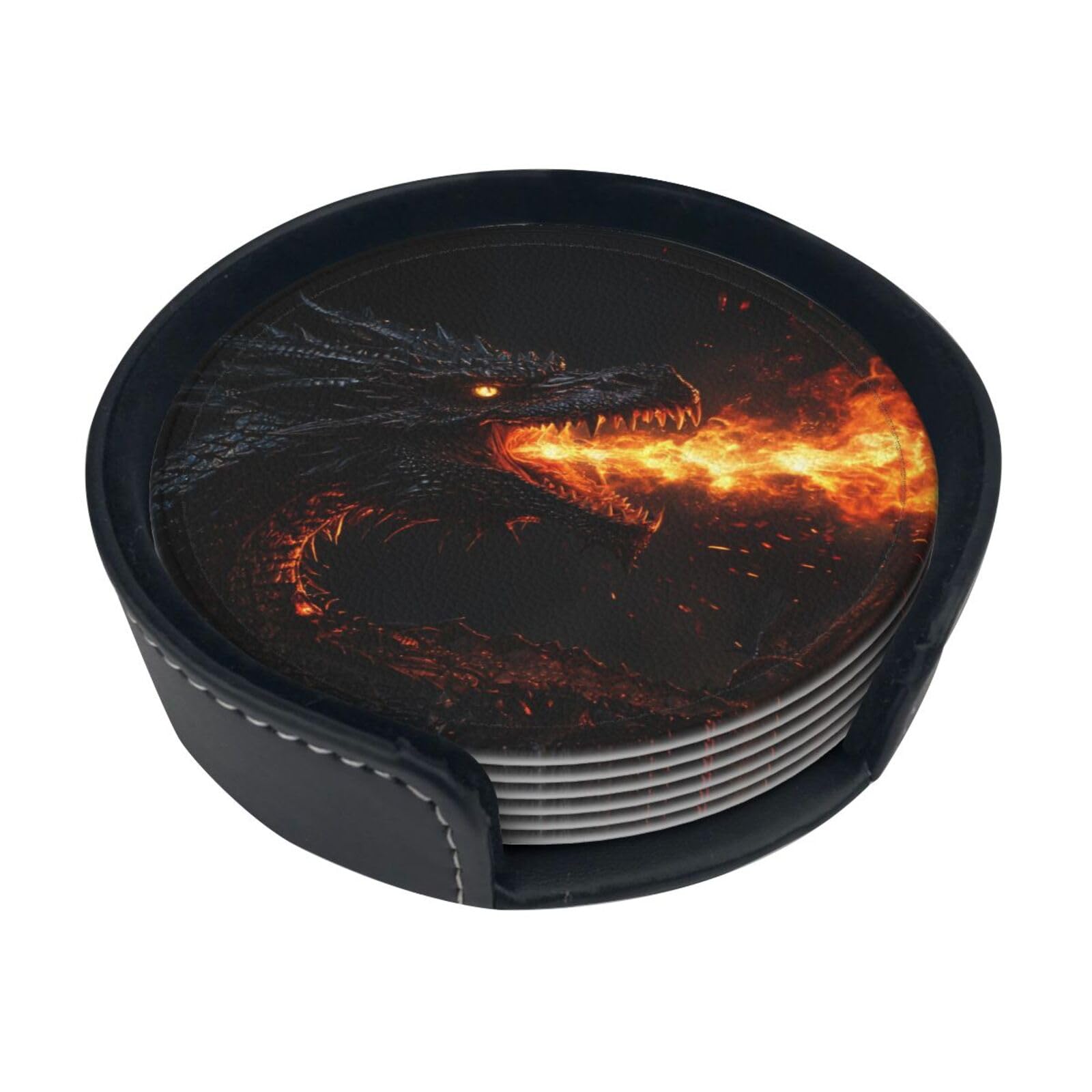 Dragon and fire Leather Coasters-Set of 6 with Storage Holder