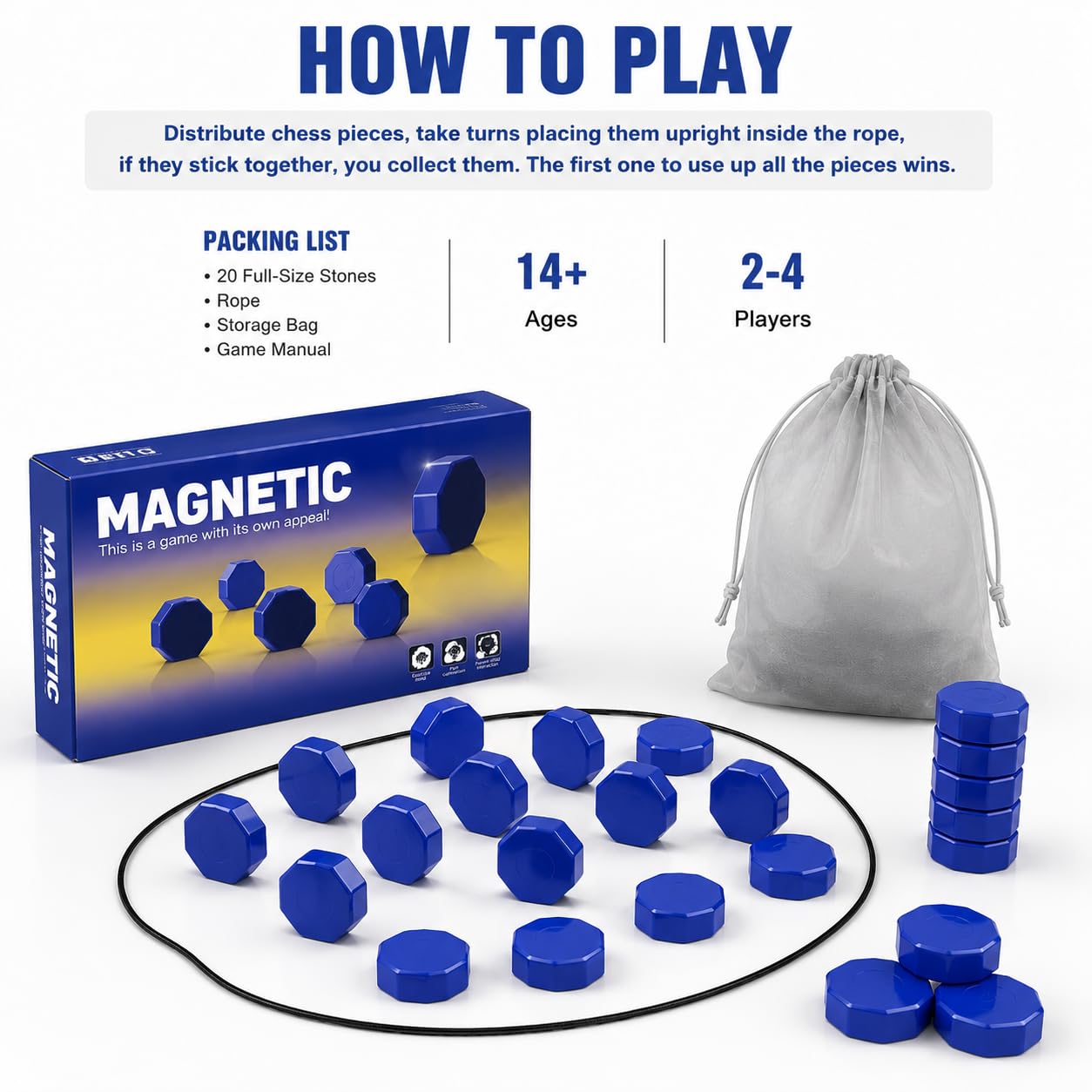 Magnetisches Schachspiel, 20 Magnetsteine in voller Größe mit Seil & Aufbewahrungstasche, tragbares Strategie-Brettspiel für Familienspielabend, Reisen, Camping, Partys, für Erwachsene