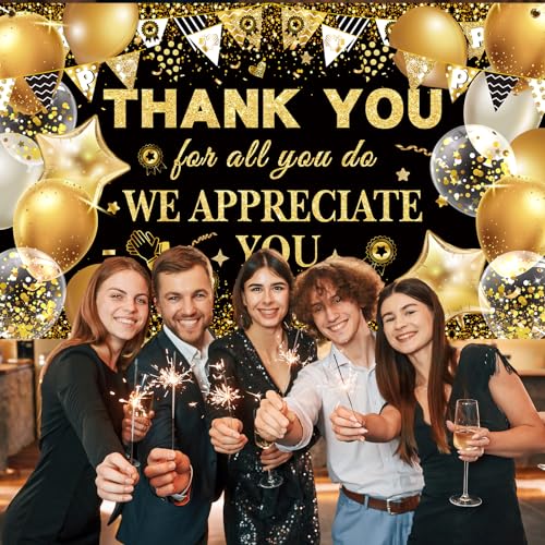We Appreciate You Thank You Decorations Black & Gold Thank You Banner Backdrop Employee & Staff Appreciation Gifts for Pastor, Teacher, Doctor & Retirement Party Decor