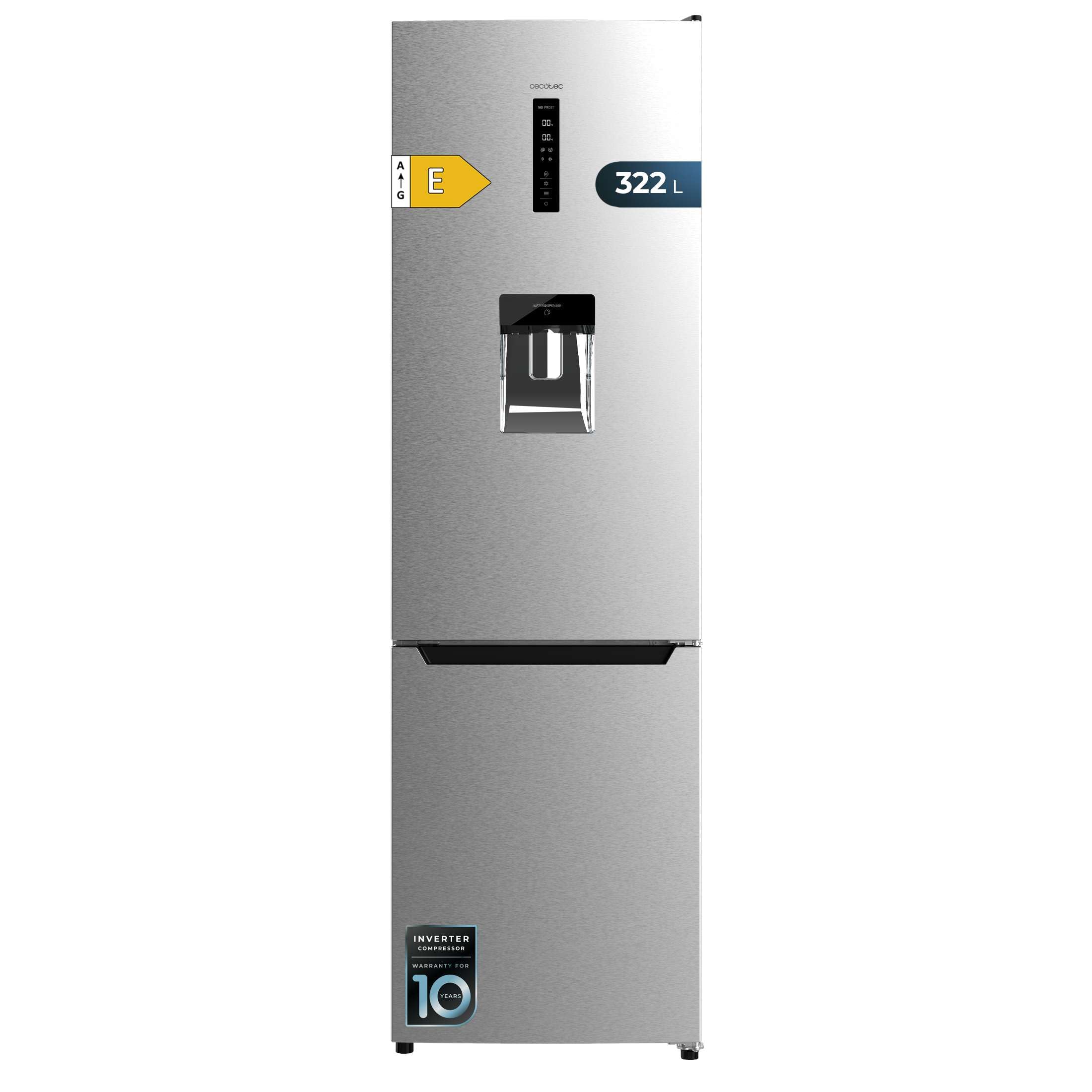 Cecotec Frigorífico Combi 322L con Dispensador de Agua Bolero CoolMarket Combi 322 WD Inox E. Altura 185.5cm y 59.5cm de Ancho, Bajo Consumo, Total No Frost, Multi Air Flow, Door Display
