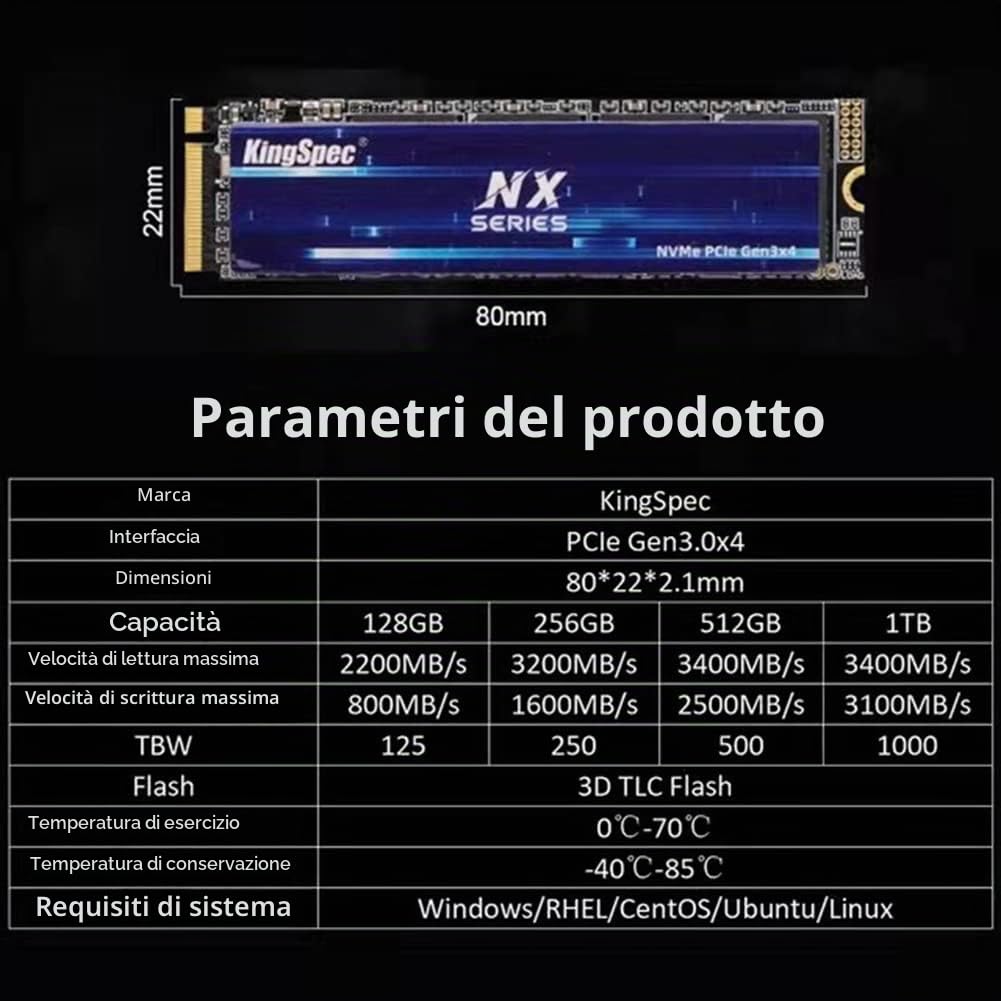 KingSpec M.2 2280 SSD NVMe Gen3x4 PCIe Da 1 TB - Velocità Di Lettura Fino a 3500 MB/s, 3D NAND Flash, Compatibile Con PC/Desktop/Laptop