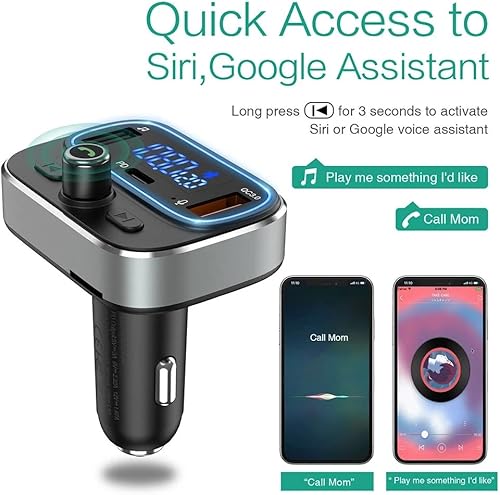 Miniatura 6 de Bluetooth Car Adapter, Blutu para Carros, Blooth Tooth Fm Transmitter Support Type-C PD + QC3.0 Fast USB Charger, Hands Free Calling, Siri Google