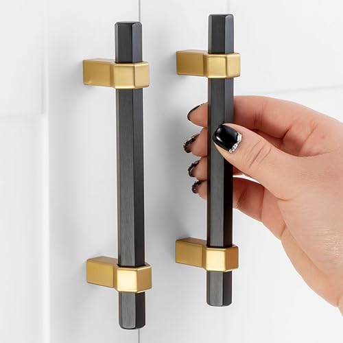 Miniatura 12 de Paquete de 5 tiradores de gabinete con agujero central de 5 pulgadas, manijas de gabinete en negro mate y níquel cepillado, accesorios de cocina