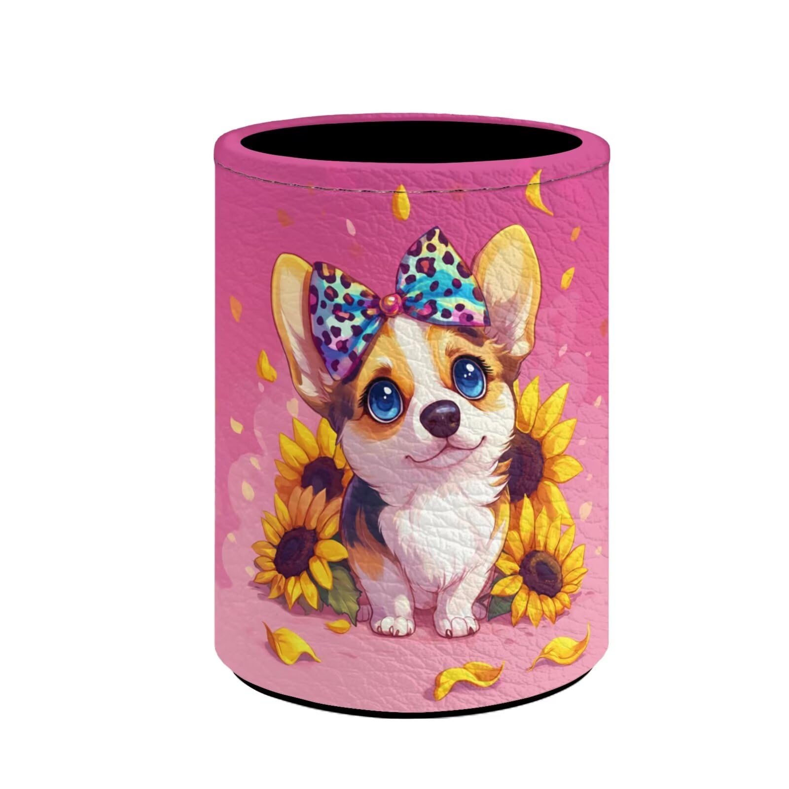 Upetstory Cute Corgi Dog Pencil Holder for Desk Pen Cup Pot Leather Stand Pencilbox Makeup Brush Holders Pouch Workspace Organizers