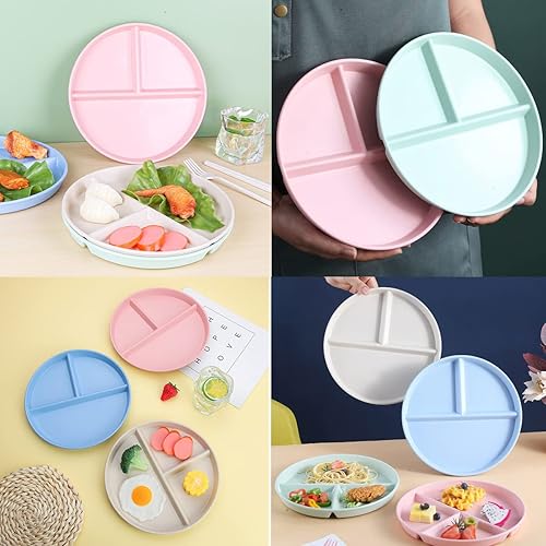 Miniatura 7 de Platos llanos divididos para adultos de 9 pulgadas, platos irrompibles de control de porciones de 3 compartimentos, plato de plástico redondo