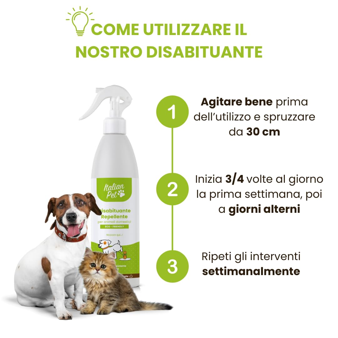 Italian Pet Eco Disabituante per Gatti, Cani, Animali Domestici - Repellente Pipì da Esterno e Interno - Dissuasore Naturale Urine Pronto Uso - Innocuo per Salute - Flacone plastica 100% riciclata