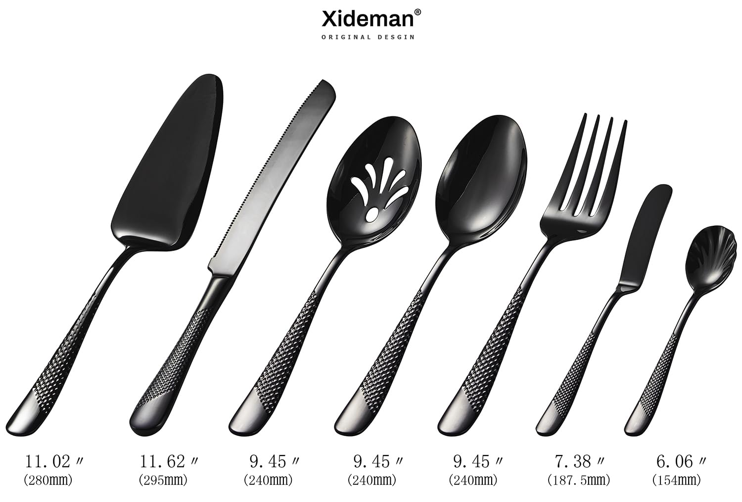 Lot de 7 couverts de service en acier inoxydable martelé 18/10 – Couverts d'hôtesse avec couteau à gâteau et pelle à gâteau (Noir)
