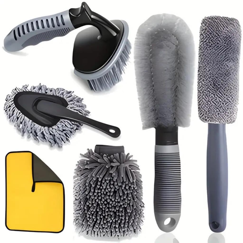 Coofbe 6 Parça Profesyonel Mikrofiber Araç Oto Yıkama Seti Yıkama Eldiveni Jant Lastik Fırçası Toz Fırçası