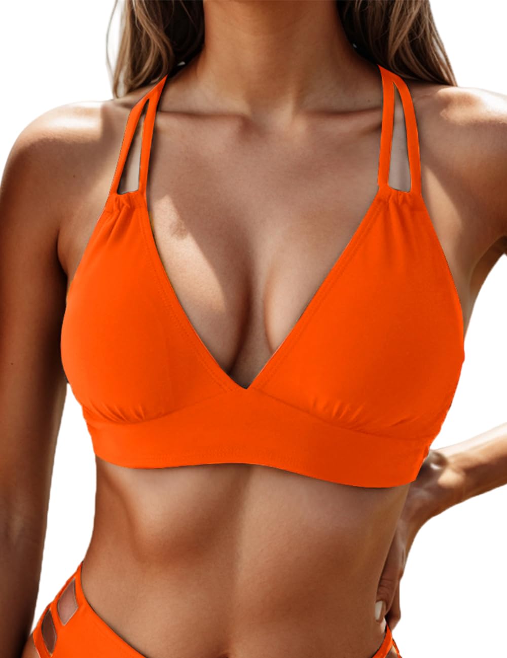 Tainehs Women's Push Up V Neck Bikini Tops Criss Cross Back Padded Bathing Suit Top Only