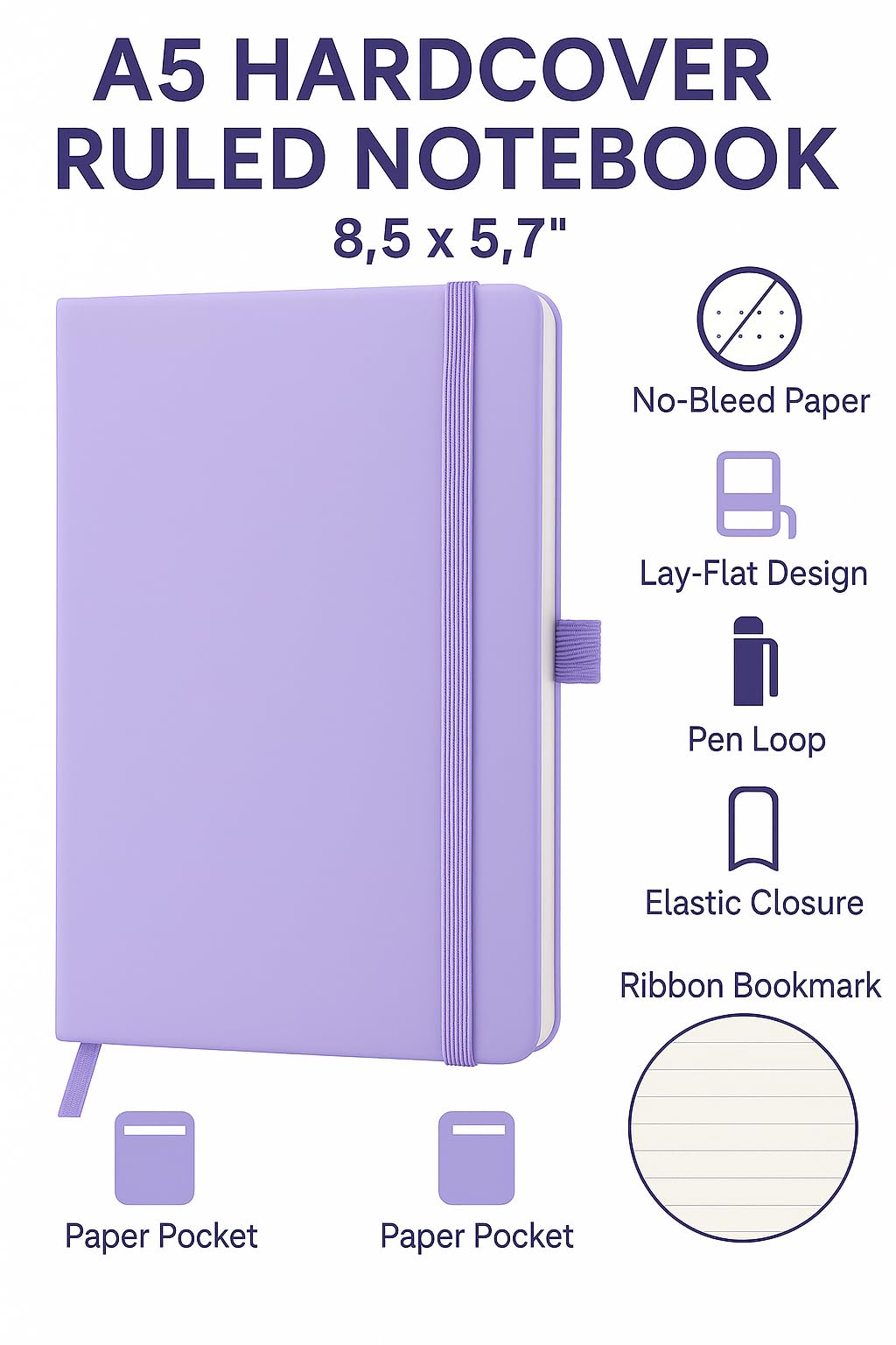 Top Sale A5 Dotted Notebook with Hardcover, 192 Pages, No Bleed Paper, Lay Flat Journal with Elastic Closure - Image 2