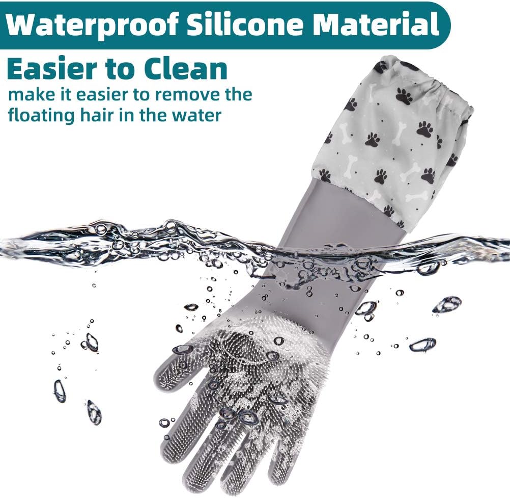 PAWCHIE Extended Edition Pet Grooming Gloves for Dogs & Cats, Waterproof Hair Removal Brush with Longer Silicone Tips, Gloves with Splicing Sleeve for Pet Bathing, Enhanced Five Finger Design