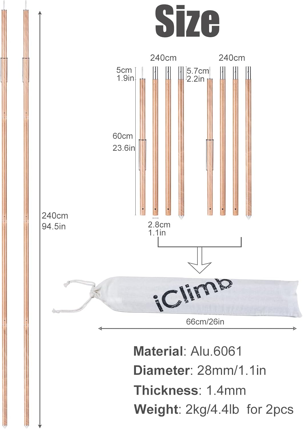 iClimb Strong Elegant Alu. Tarp Poles Set of 2 Height Adjustable with Lantern Hook and Carry Bag, Nature Color