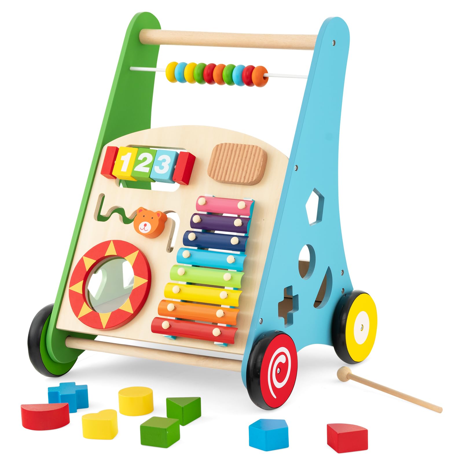 HONEY JOY Baby Push Walker, Wooden Infant Walker Activity Center with Shape Sorter, Develop Motor Skills & Creativity, Push Toys for Babies Learning to Walk, Gift for Boys and Girls