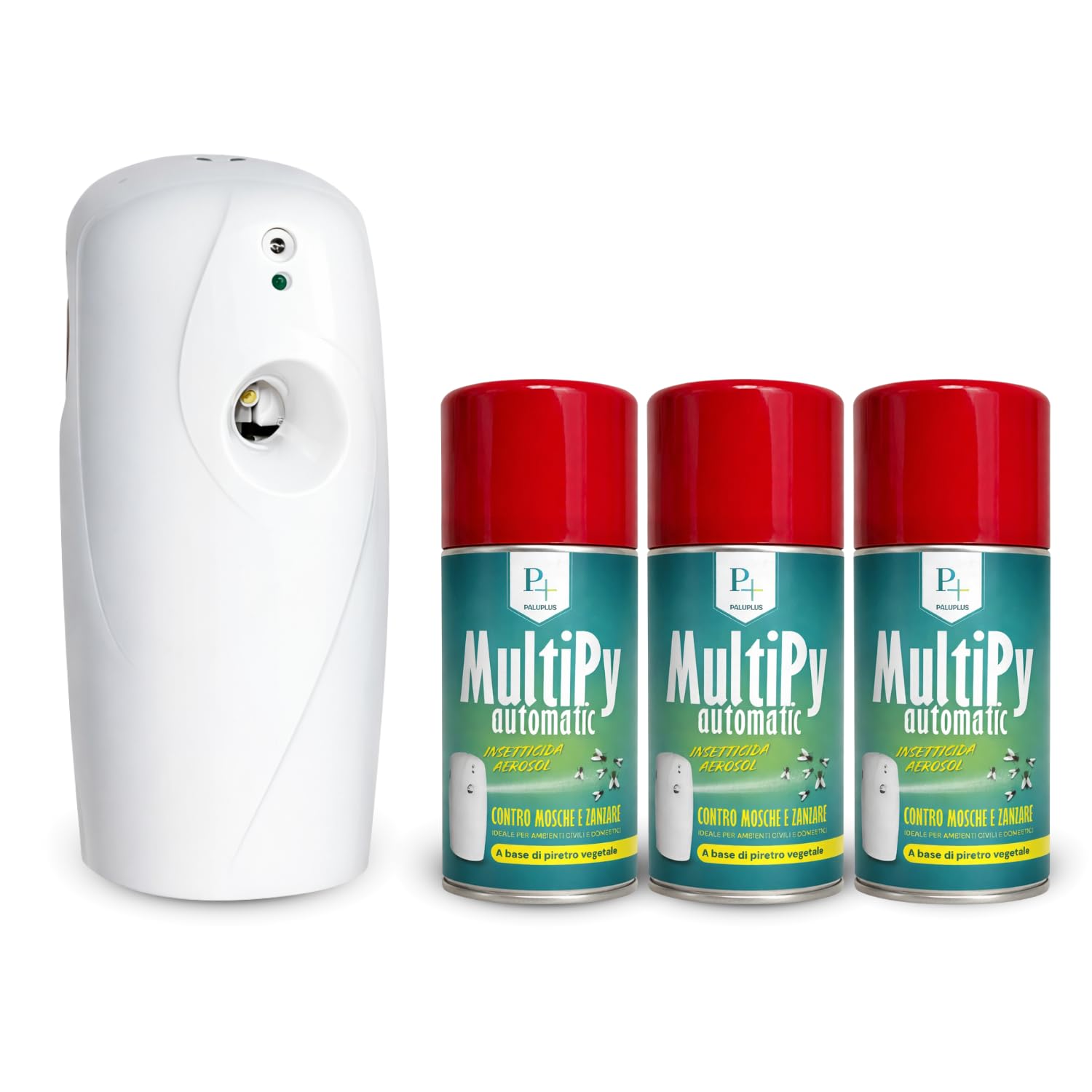 Virsus 3 Bombolette Insetticida MULTIPY da 250ml per Mosche zanzare e Insetti Volanti per Uso Domestico a Base di Piretro Naturale Vegetale + Erogatore Night And Day Automatico programmabile