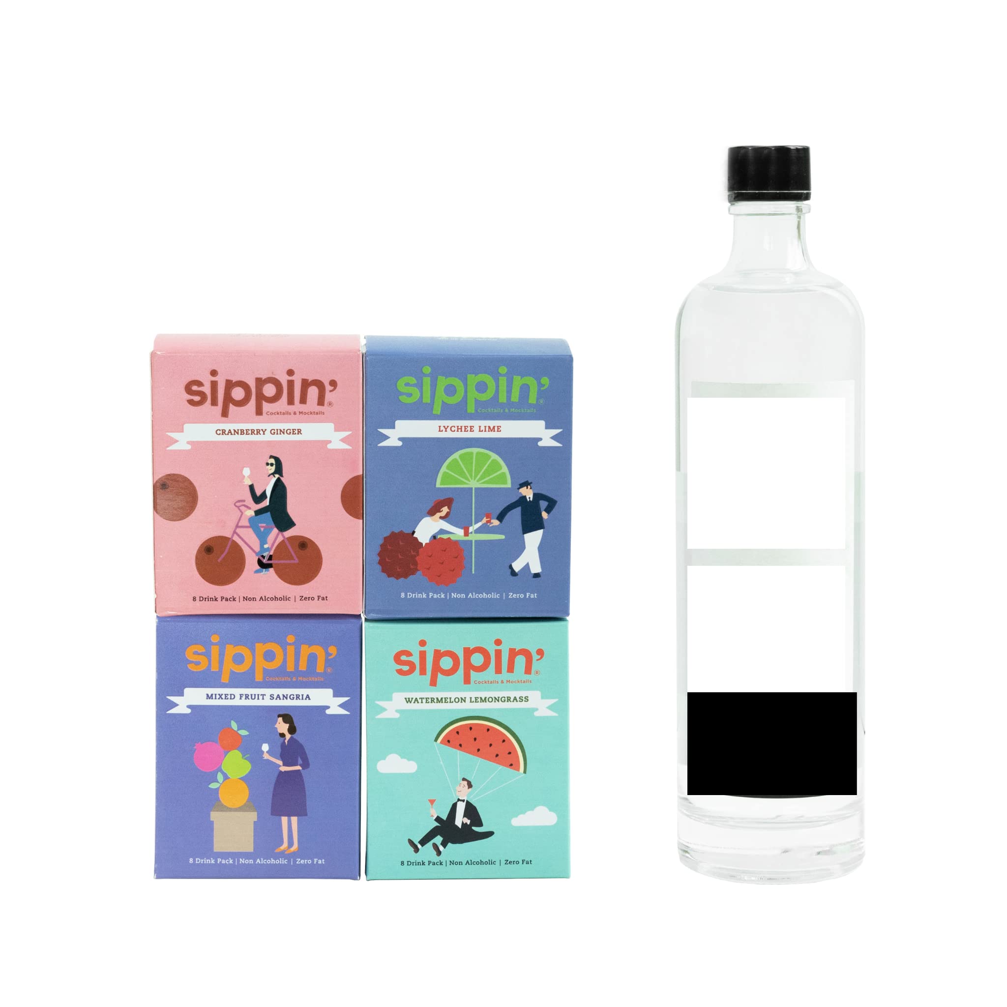 SIPPIN Gin Mixer Pack Lychee Lime, Mixfruit Sangria ,Watermelon Lemongrass and Cosmo Cranberry Ginger Cocktail Mix 4 pack - 8 Drink Each Pack, Low-sugar Low-calorie Drinks, Party Mix for Non Alcoholic Drink