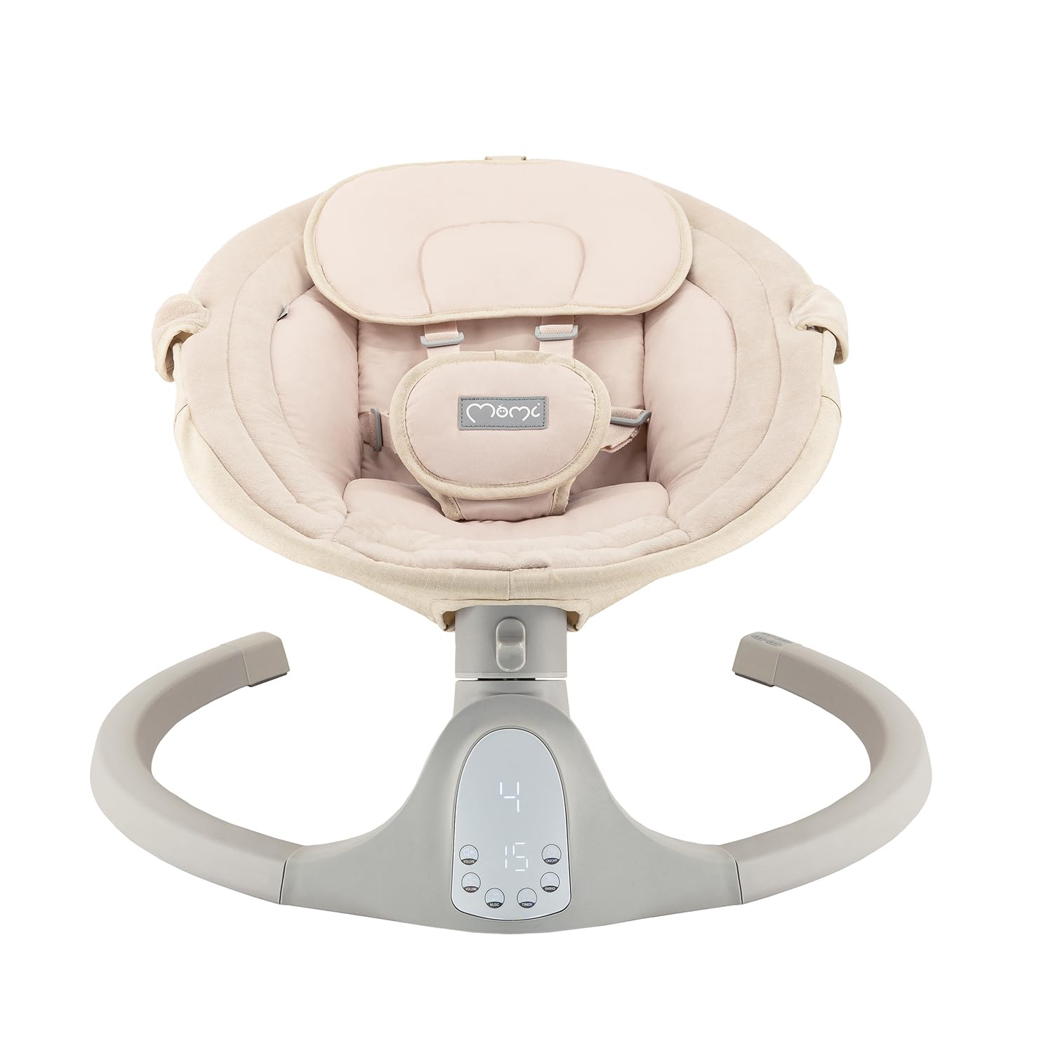 Balancelle MoMi KENANI SAND jusqu'à 9 kg, écran LED, télécommande, Bluetooth pour smartphone, alimentation piles/secteur, harnais de sécurité 5 points, arche et jouets
