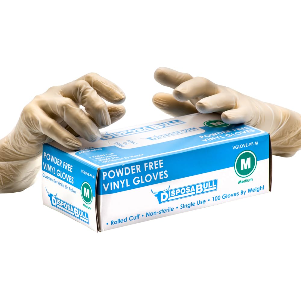 DISPOSABULL Medium Powder-Free Disposable Vinyl Gloves, Box of 100