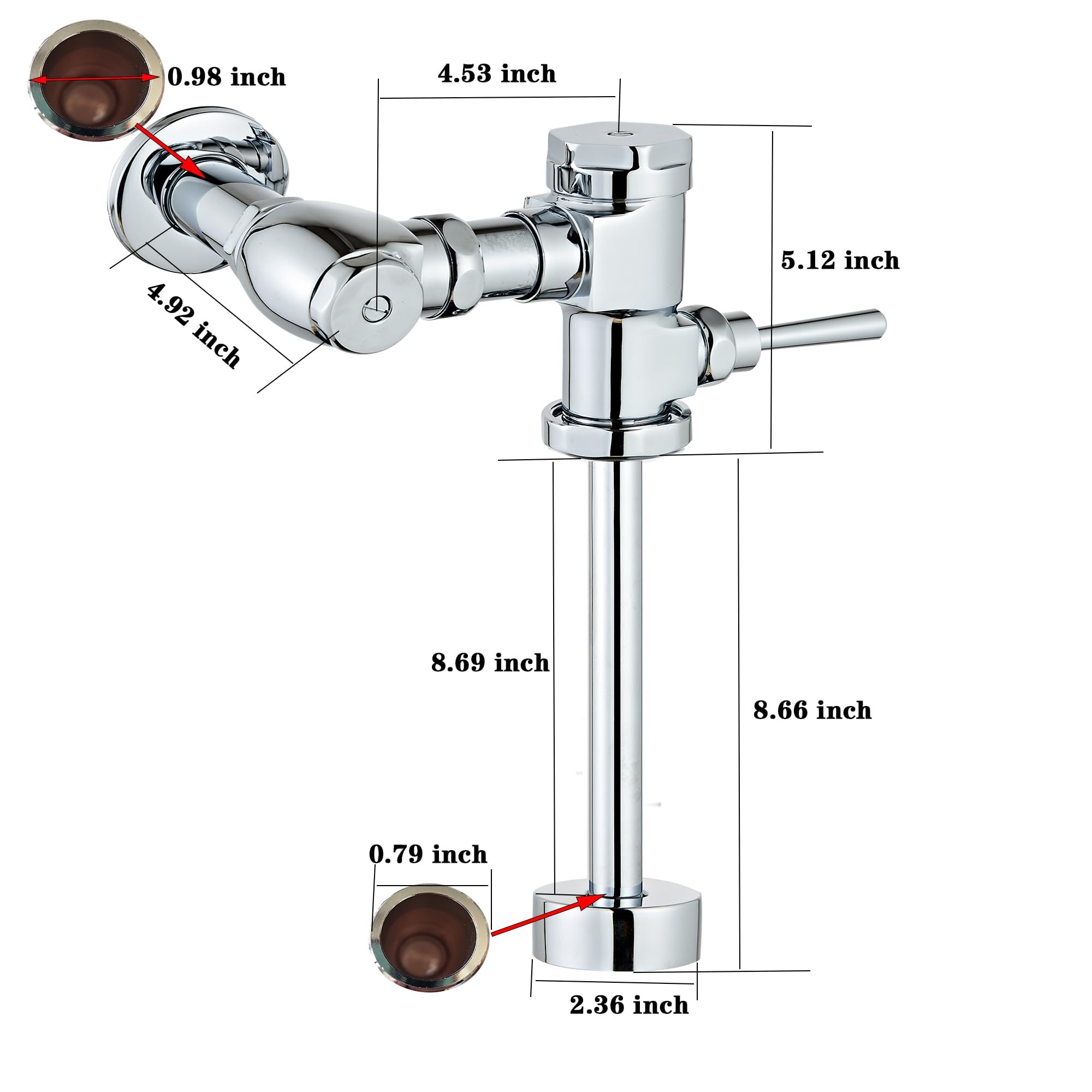 Válvula de descarga de orinal manual expuesta, perilla de volumen de agua ajustable, acabado cromado pulido, adecuado para lugares públicos, hotel, oficina, mercado