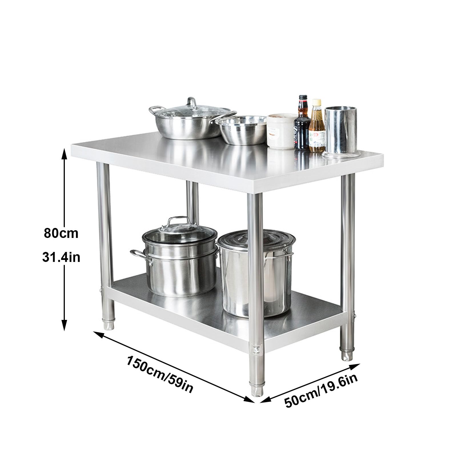 Mesa de preparación de acero inoxidable resistente con estante superior de doble nivel, mesa de trabajo comercial para restaurante, bar, cocina (59 x 19.6 pulgadas) y fácil de limpiar