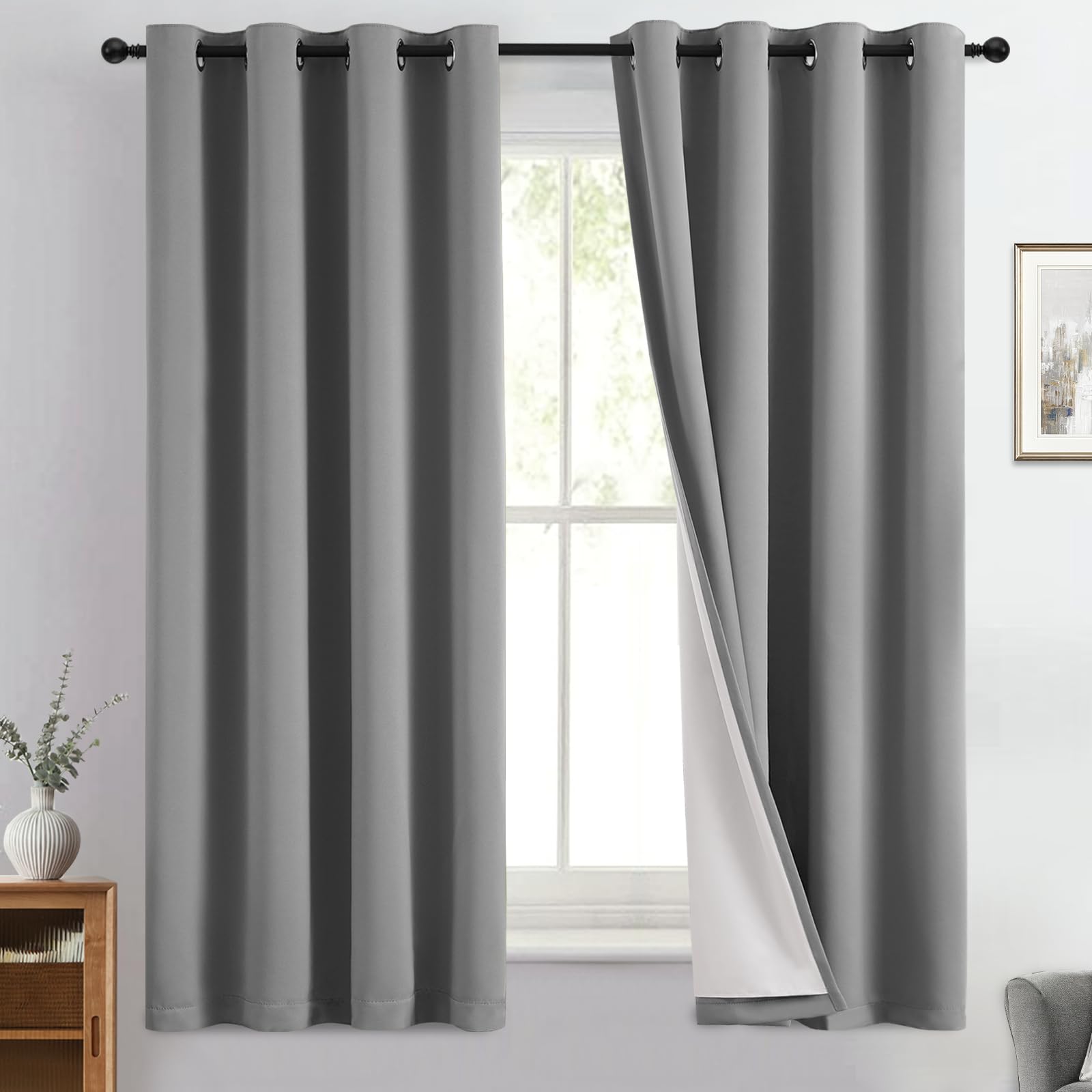 Yakamok Dove Grey 100% Blackout Curtains 63 Inches Long 50" Wide 2 Panel — image 1