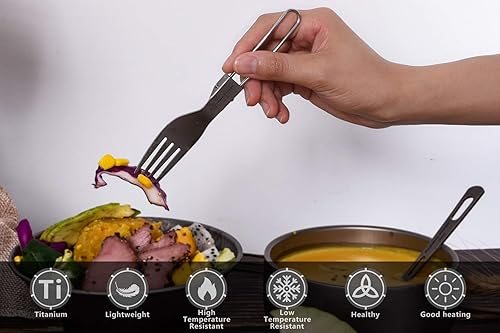 Miniatura 3 de iBasingo Cuchillo de tenedor de titanio con mango plegable, utensilios de vajilla ultraligeros para camping, picnic al aire libre, senderismo,