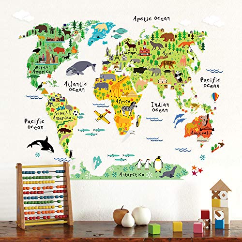 Homeevolution Large Kids Educational Animal Landmarks World Map Peel & Stick Wall Decals Stickers Home Decor Art For Nursery #TOP4