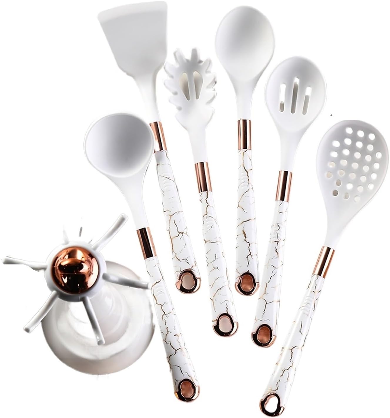 8pcs Silicone Kitchenware Set Pot Shovel Soup Spoon Claw Cooking With Storage Rack Household Kitchen Tools(White B)