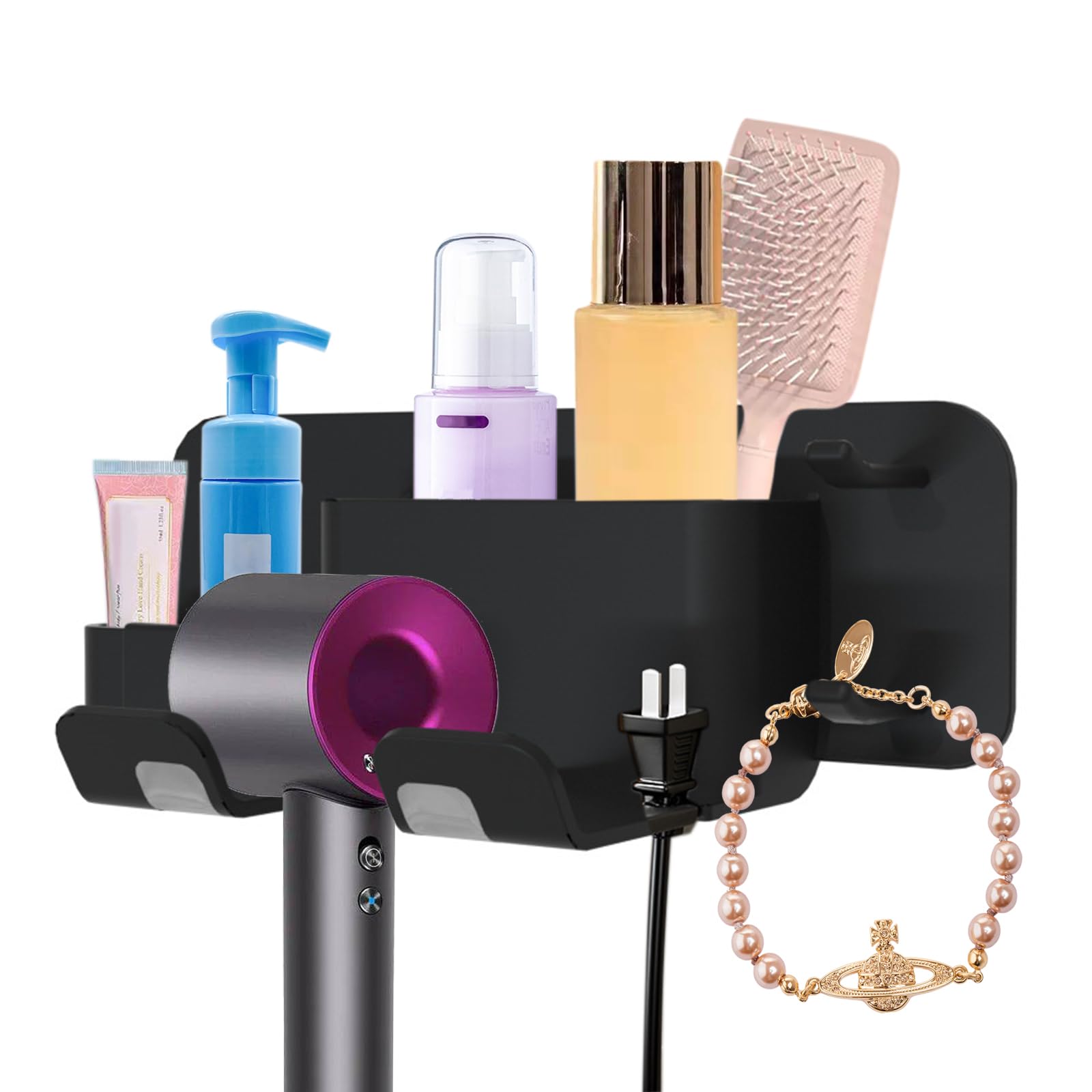 Porta Asciugacapelli Da Parete Autoadesivo - Supporto Per Phon Con Tasche, Nero, Per Bagno - Foto 3