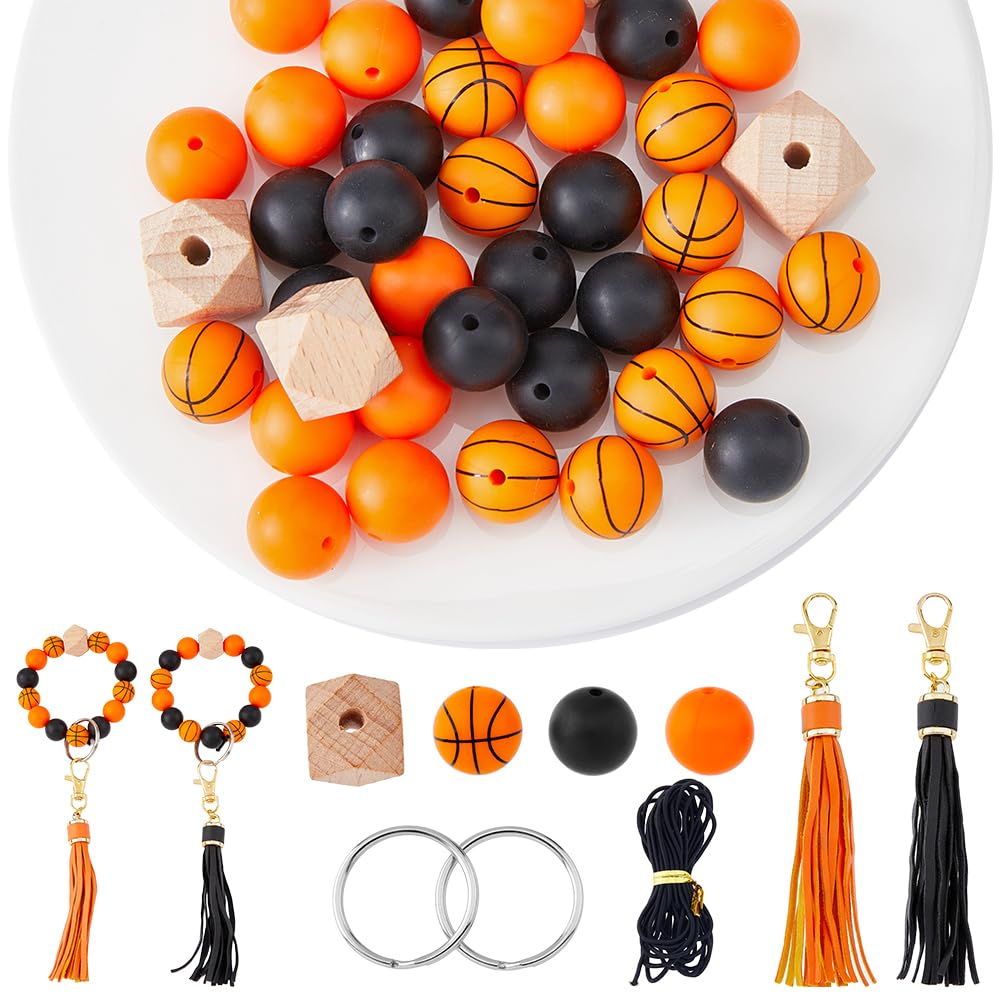 HOBBIESAY 15mm Silicone Beads for Keychain Making Kit 34Pcs Basket Silicone Rubber Keychain Bead with 2Pcs Tassels and 2Pcs Key Chain Black Orange Focal Beads for DIY Keychain Making Supplies