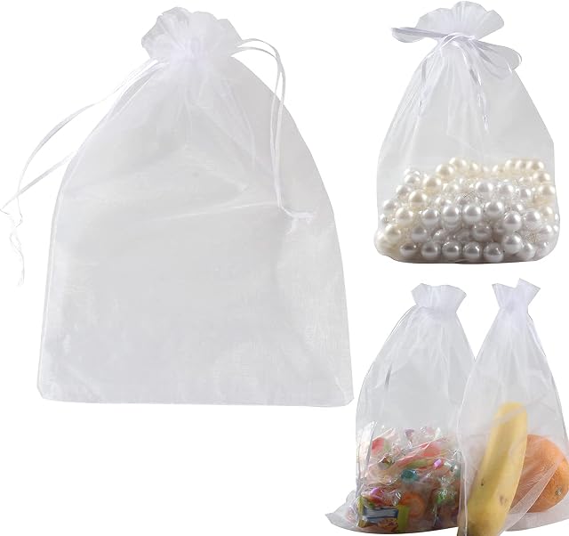 Reccisokz Pack of 50 Organza Gift Bags, 20 x 30 cm/7.9 x 11.8 Inches, Jewellery Drawstring Bags for Birthday and Wedding, Party, Christmas, Gift Packaging (White)