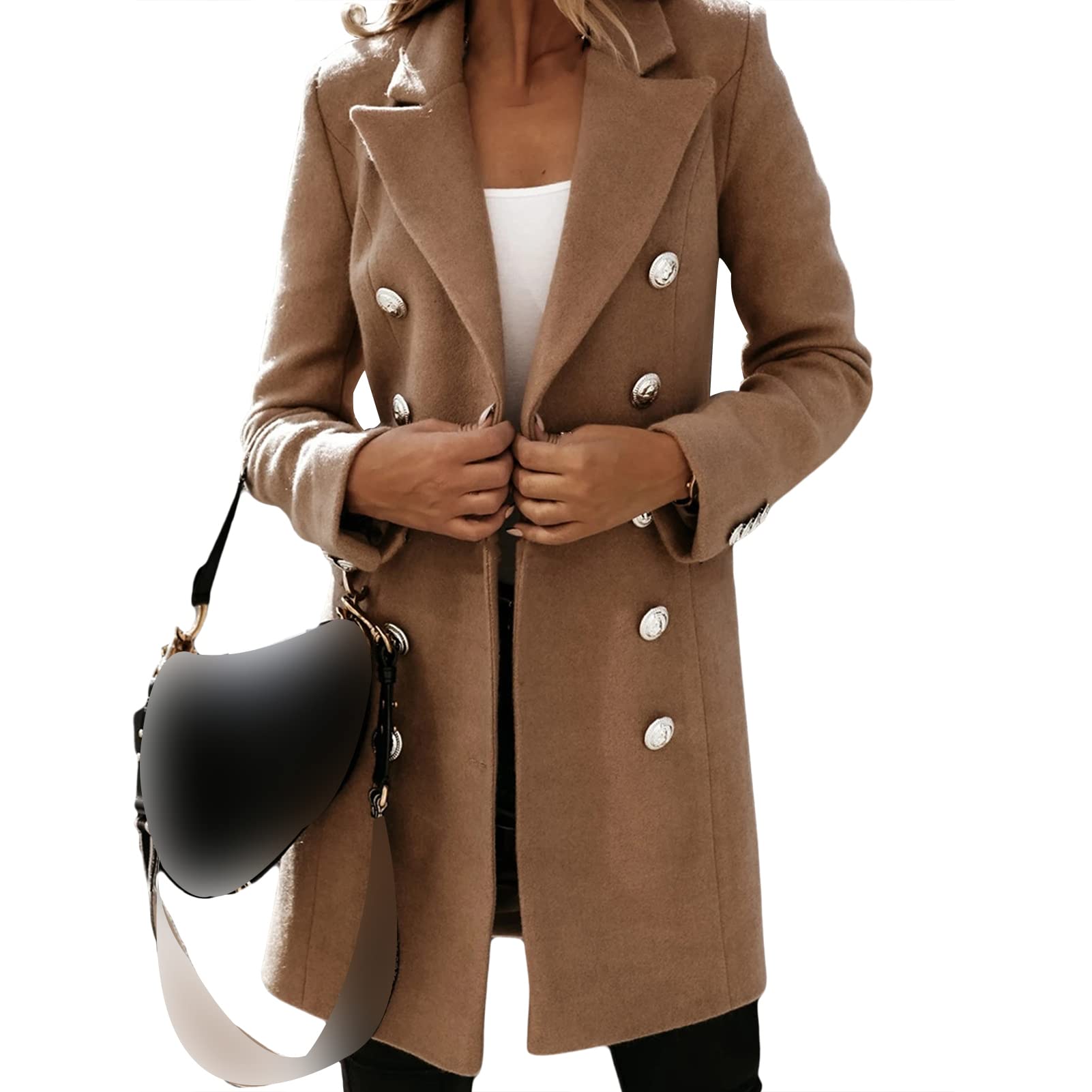 Women Double Breasted Mid-Long Trench Coat Long Coat Notch Lapel Jacket Outwear Solid Color Thicken Warm Wool Blend
