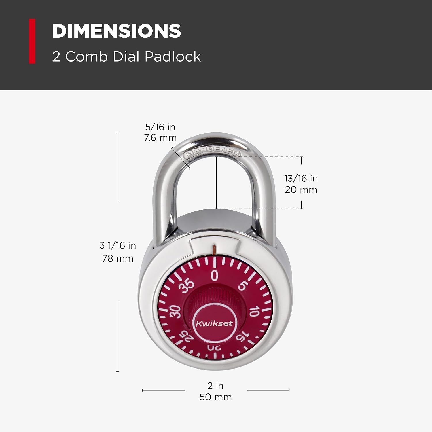Kwikset 3-Digit Combination Dial Padlock, School Gym Locker Lock, 2 in Body, 1 Pack, Red