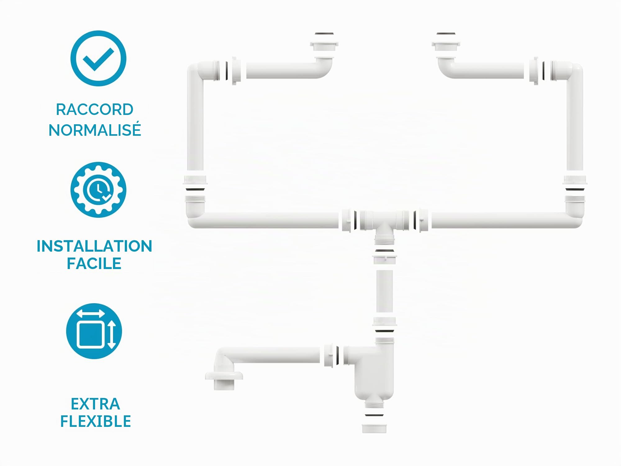 Aqua Bagno Siphon économiseur d'espace pour lavabo – Siphon de meuble – Siphon peu encombrant – Siphon plat – Salle de bain – Flexible réglable – G 1 1/4'' – DN32 – Double lavabo Blanc
