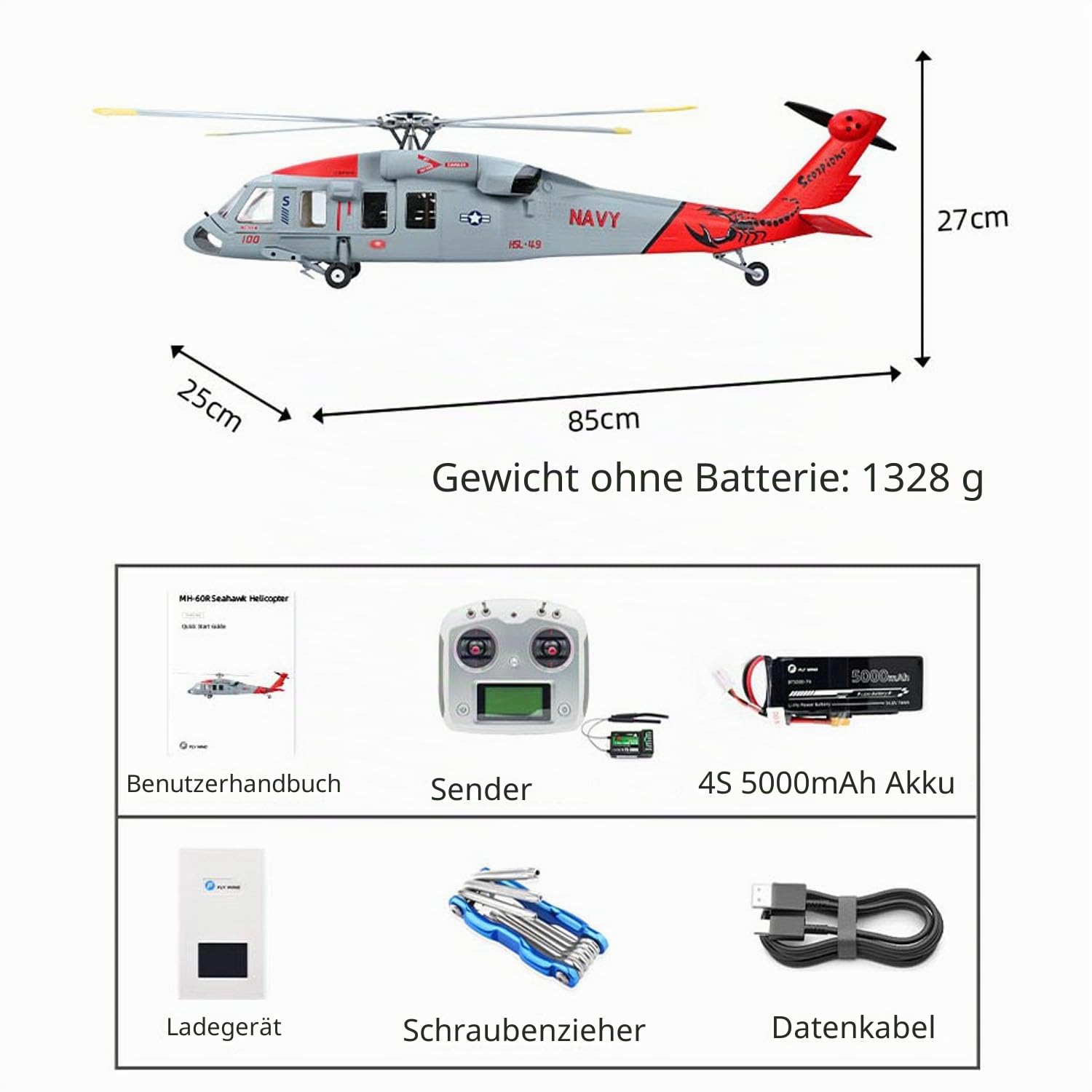 FLYWING RC-Hubschrauber MH 60R, bürstenloser Motor | 3 Fahrstufen, ATT-Flugmodus, passend für Einsteiger & Fortgeschrittene