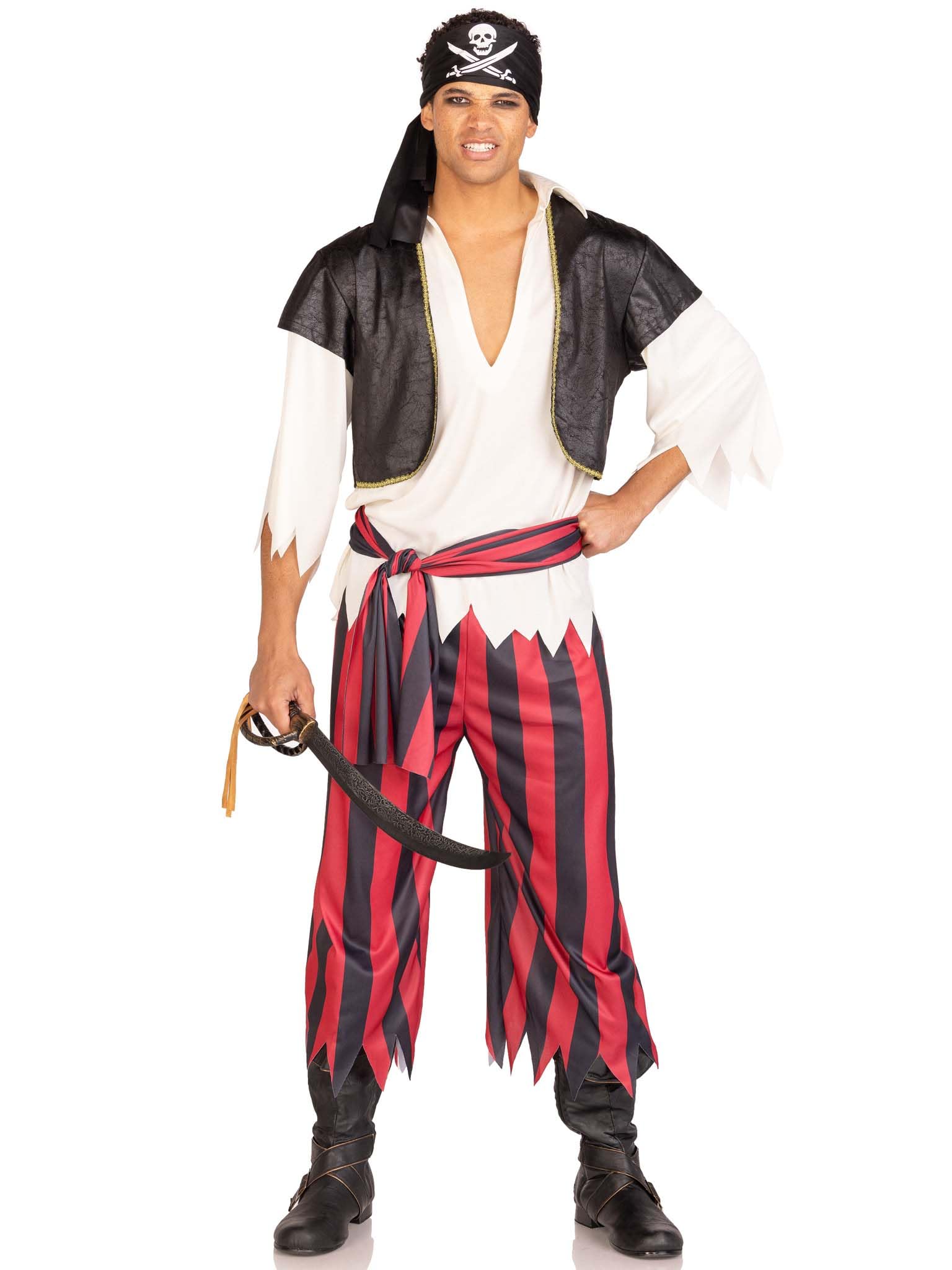 Leg Avenue Men’s 4 PC Jolly Roger Pirate Costume with Head Scarf, MULTICOLOR, SML/MED