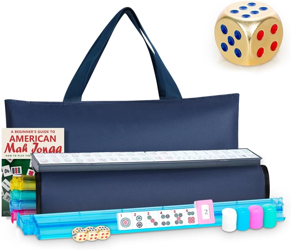 American Mahjong Tile Set, 166 White Tiles with Blue Bag and Accessories, 4 All-in-One Color Rack/Pushers, Mah jongg Sets with 3 Golden Dics (Ma Jong)