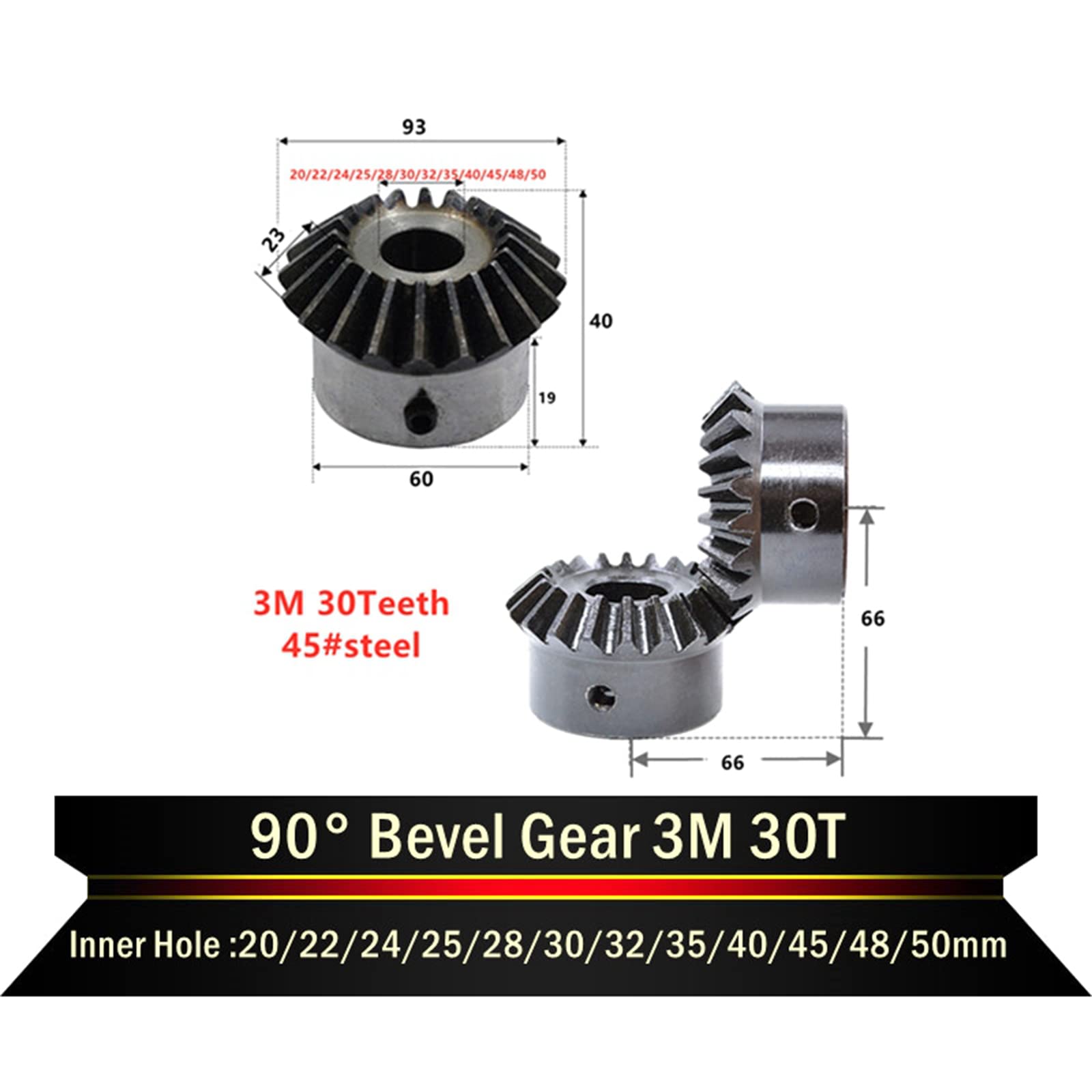 2 Pcs 3 Modulo 30 Denti Ingranaggi Conici Foro Interno 20/22/24/25/28/30/32/35/40/45/48mm 90 Gradi Angolo di Ingranaggio Ingranaggi In Acciaio