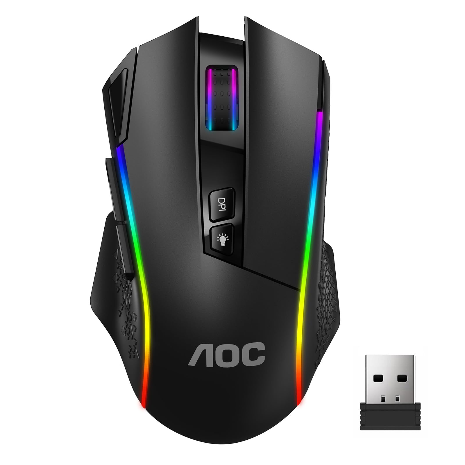 AOC GM401 Wireless RGB Gaming Mouse, 12000 DPI, Rapid-Fire Shotcut, 70Hrs | 2.4GHz Cable-Free 0 Delay /Bluetooth 5.0/USB-C Wired, Remapping Keys, Vibing Backlight, Ergonomic Comfort, Fits for FPS Gamer